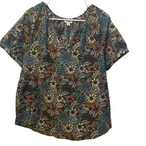 𝅺ana A New Approach Colorful Floral 100% Cotton V-Neck Short Sleeve Shirt